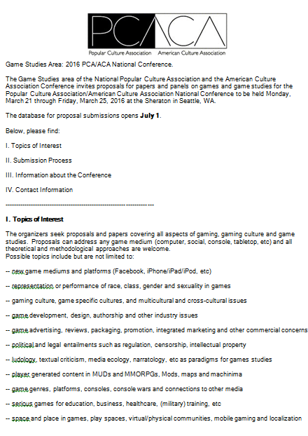 PCA/ACA Game Studies CFP